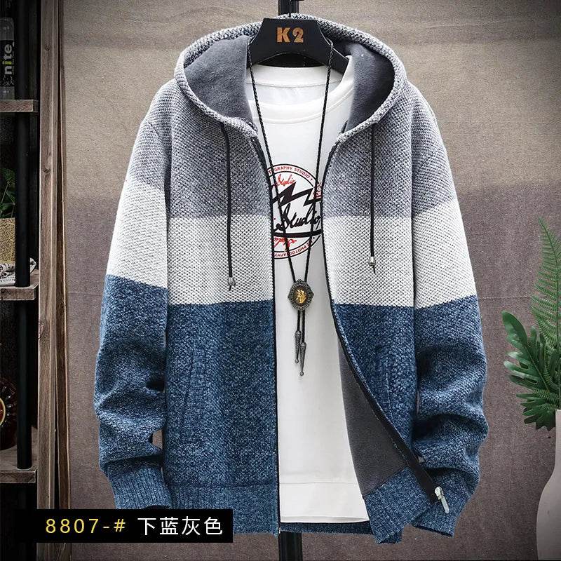 SNOW PINNACLE Men's Thick Velvet Cardigan: Patchwork Zipper Sweatercoat - Buy Center US