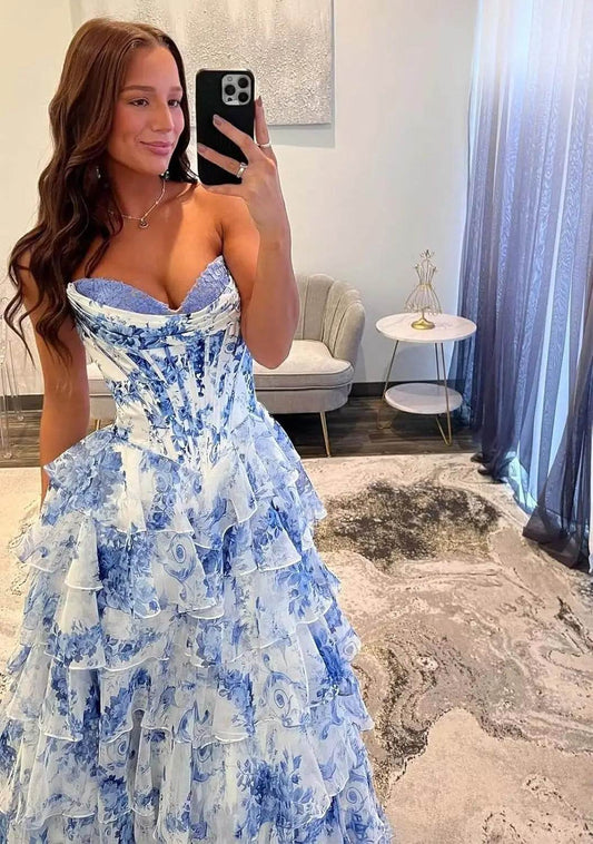 Strapless Floral Tiered Prom Dress - Sweetheart Neckline, A-Line Design - Buy Center US
