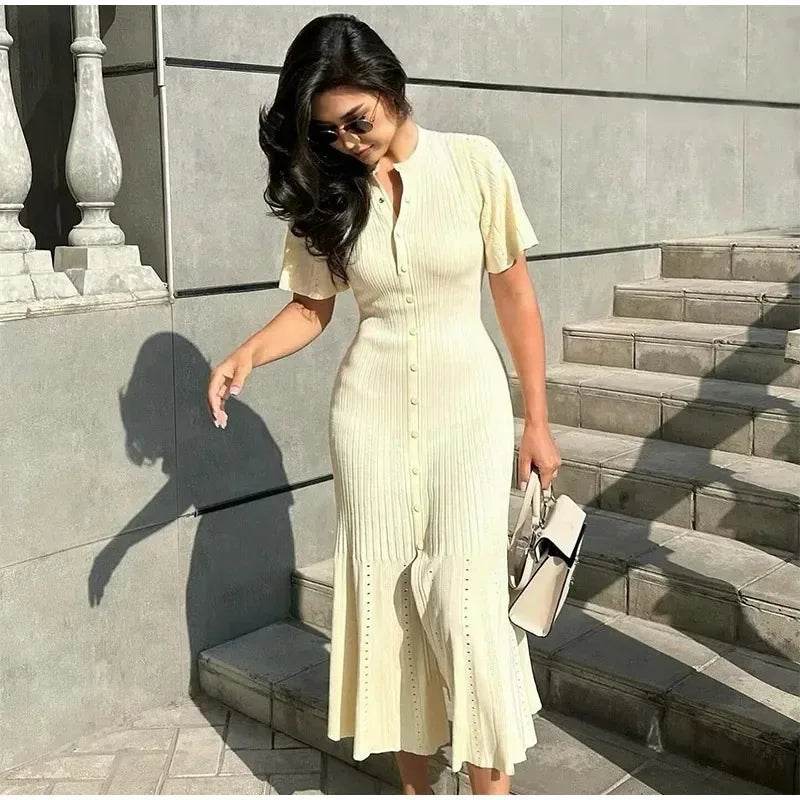 Elegant Knit Dress for Women - Ankle-Length Short Sleeve O-Neck - Buy Center US