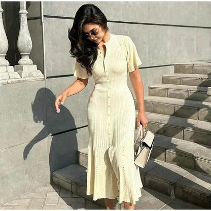 Elegant Knit Dress for Women - Ankle-Length Short Sleeve O-Neck - Buy Center US