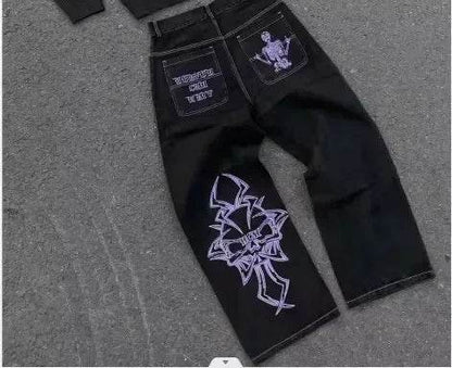 BiggOrange Y2K Rhinestone Jeans - Vintage Hip Hop Wide Leg Trousers - Buy Center US
