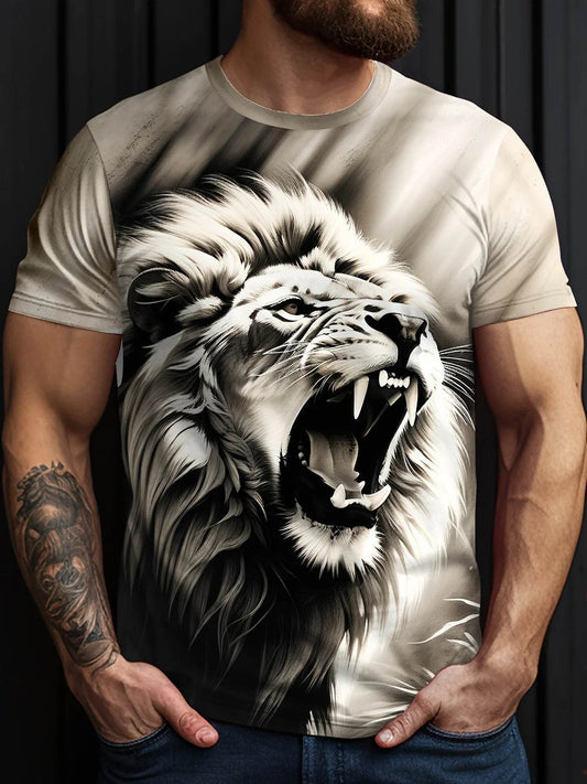 Men's Lion Print Crew Neck T-Shirt - Soft, Breathable Summer Casual Wear - Buy Center US