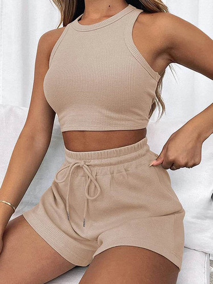Elegant Women's Two-Piece Set - Sleeveless Waffle Vest & Shorts - Buy Center US