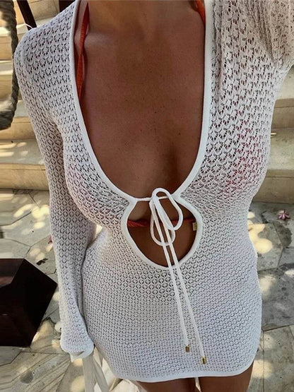 HFWomenFZ Holiday Mini Dress - Hollow Out Flare Sleeve Beach Style - Buy Center US