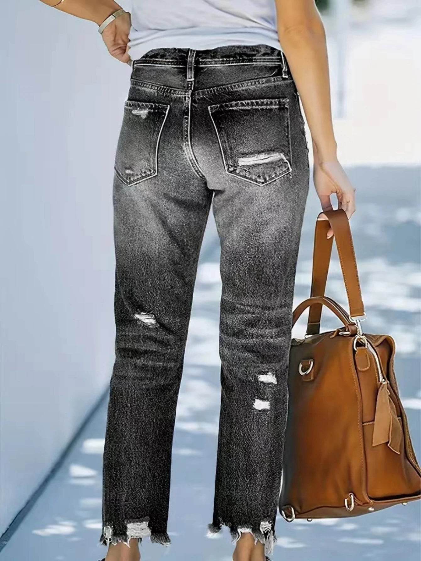 Women's Mid-Waist Straight Ripped Jeans - Casual Ankle-Length Style - Buy Center US