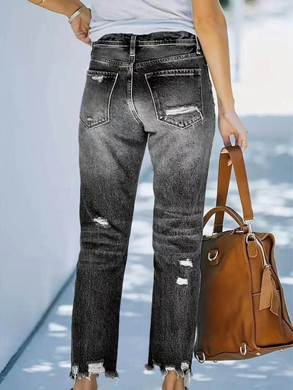 Women's Mid-Waist Straight Ripped Jeans - Casual Ankle-Length Style - Buy Center US