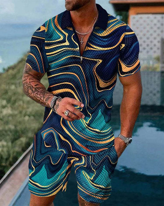 Men's Summer Colorful Tracksuit Set - Casual Zipper Polo Shirt & Shorts - Buy Center US