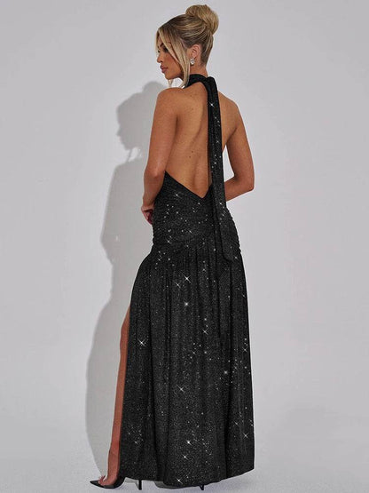 Mozision Deep V Neck Glitter Maxi Dress - Sexy Sleek & Backless - Buy Center US
