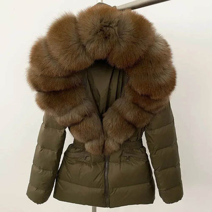 Women's Hooded White Duck Down Coat - Real Raccoon Fur Collar - Buy Center US