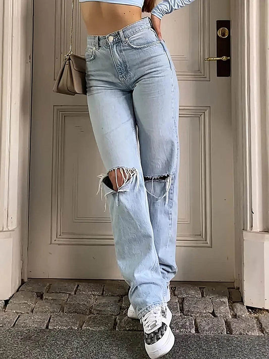 LEEYOVEE Women's Loose Knee-Piercing Jeans - Casual & Comfy Fit - Buy Center US