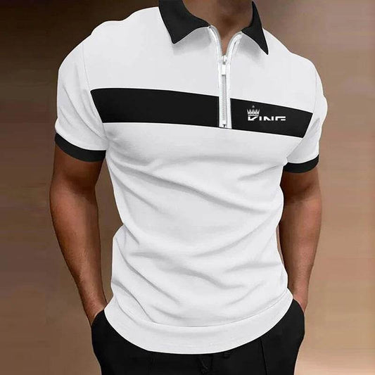 Men's Striped Zipper Polo Shirt - Casual Summer Top in Contrast Colors - Buy Center US