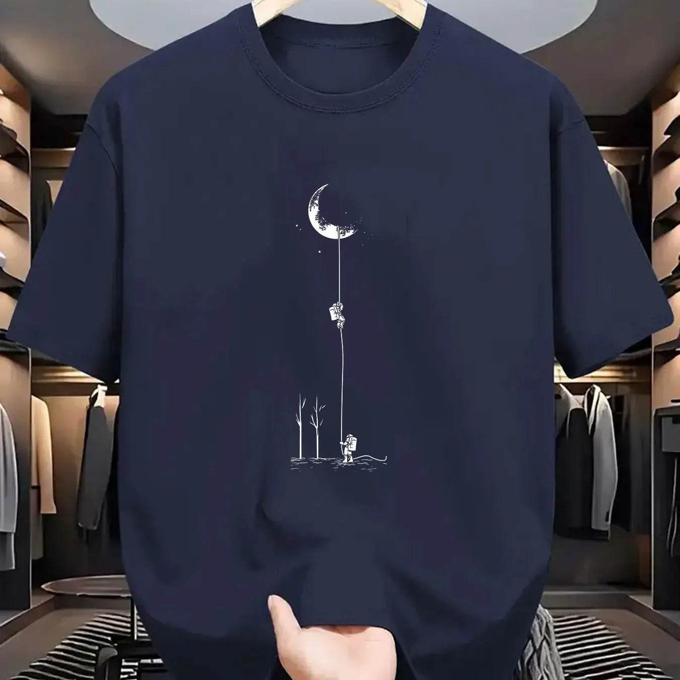 GUILAN Men's 100% Cotton Casual T-Shirt - Plus Size Moon Landing Print - Buy Center US