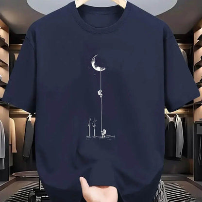 GUILAN Men's 100% Cotton Casual T-Shirt - Plus Size Moon Landing Print - Buy Center US