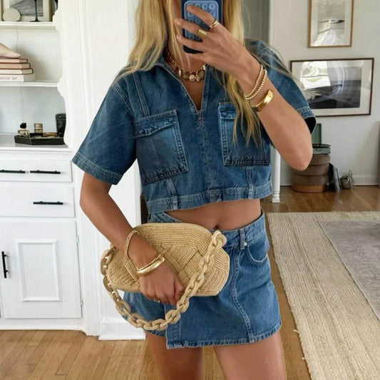Hirigin Women’s Denim 2 Piece Set - V Neck Tunic & Mini Skirt - Buy Center US