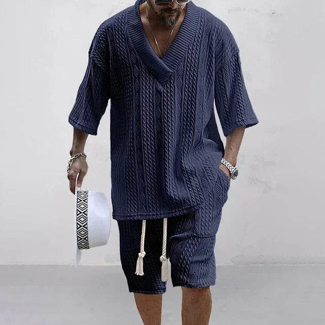 2024 Summer Casual Men's Knit Shorts Set - V-Neck Tee & Drawstring Shorts - Buy Center US