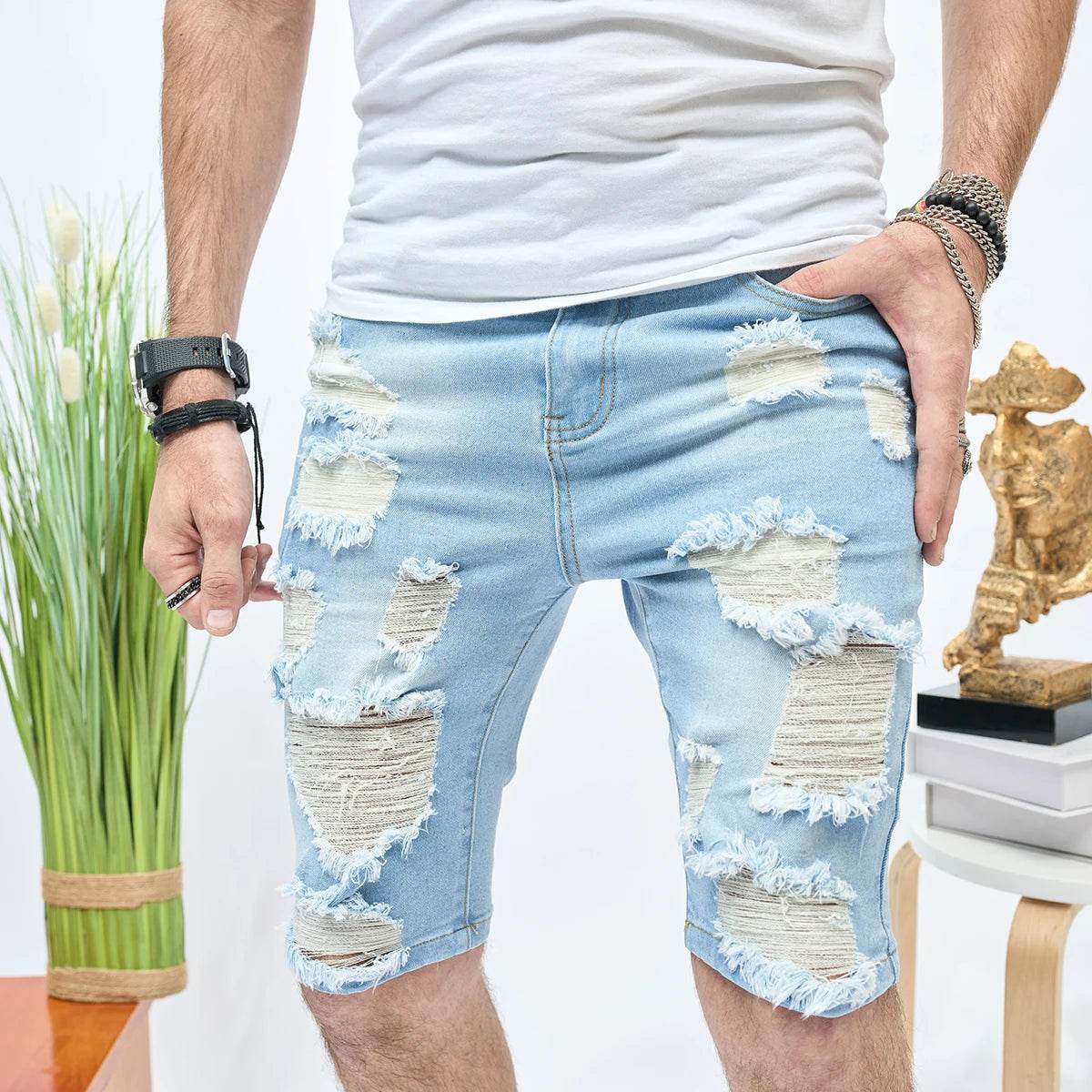AHUDNU Men's Summer Ripped Denim Shorts - Slim Fit Light Blue Style - Buy Center US