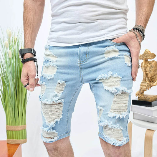 AHUDNU Men's Summer Ripped Denim Shorts - Slim Fit Light Blue Style - Buy Center US
