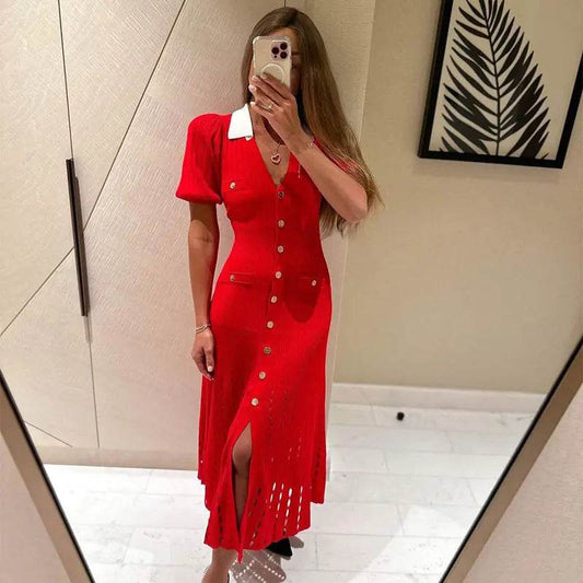Jadoutin Elegant Knitted Dress for Women - Short Sleeve V-Neck - Buy Center US