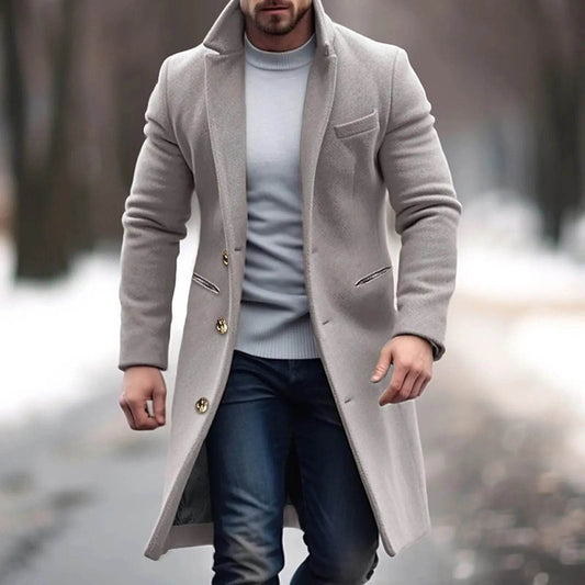 Men's Woolen Mid-Length Trench Coat - Casual Slim Fit Jacket with Pockets - Buy Center US