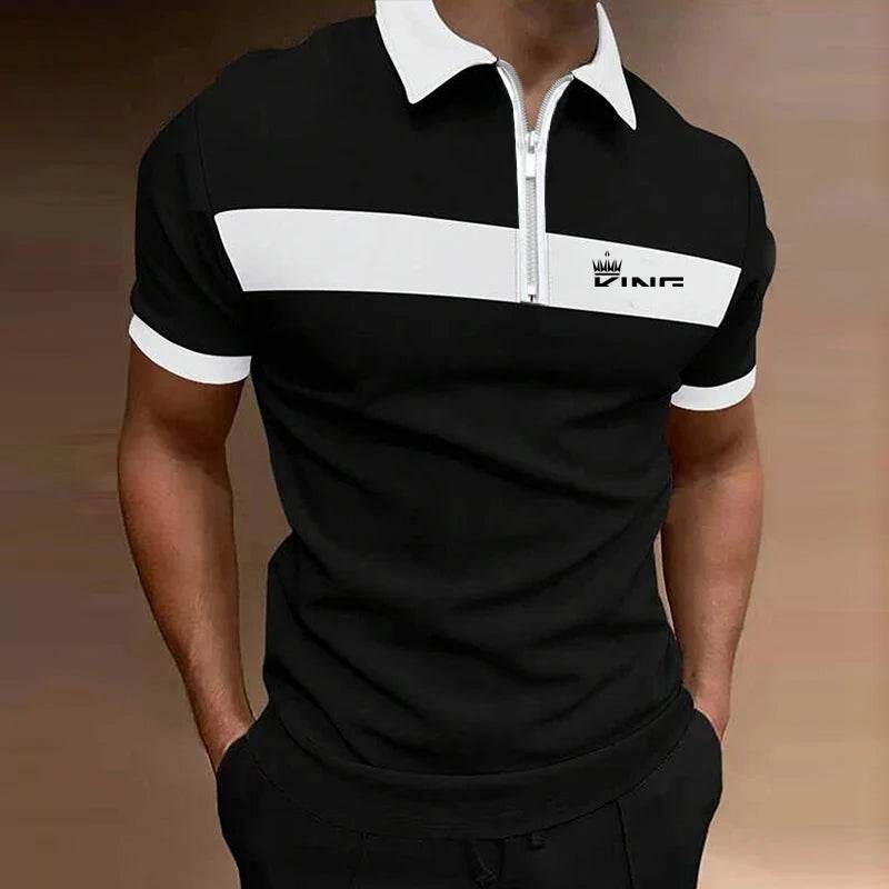 Men's Striped Zipper Polo Shirt - Casual Summer Top in Contrast Colors - Buy Center US