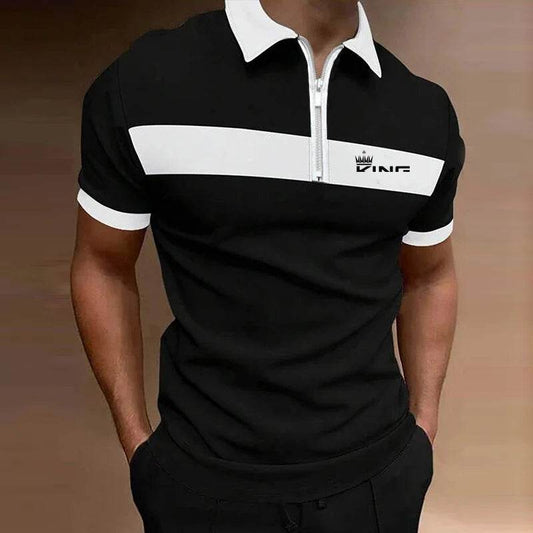Men's Striped Zipper Polo Shirt - Casual Summer Top in Contrast Colors - Buy Center US