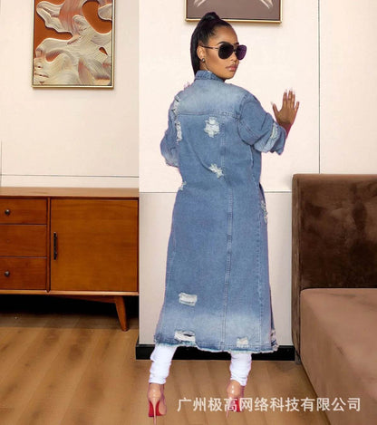 Kalenmos Women's Longline Denim Coat - Ripped Hem, Pockets, Stylish - Buy Center US
