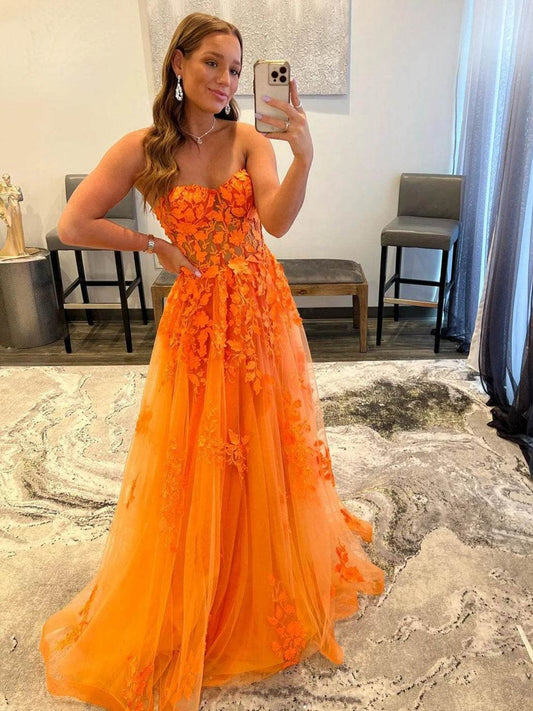 Bridalaffair Orange Lace Applique A-Line Prom Dress - Sweetheart Neckline - Buy Center US