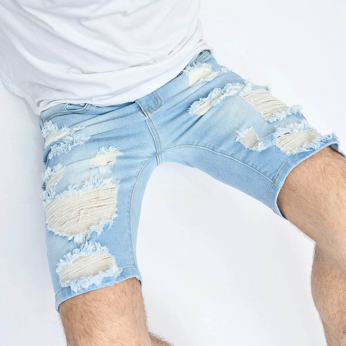 AHUDNU Men's Summer Ripped Denim Shorts - Slim Fit Light Blue Style - Buy Center US