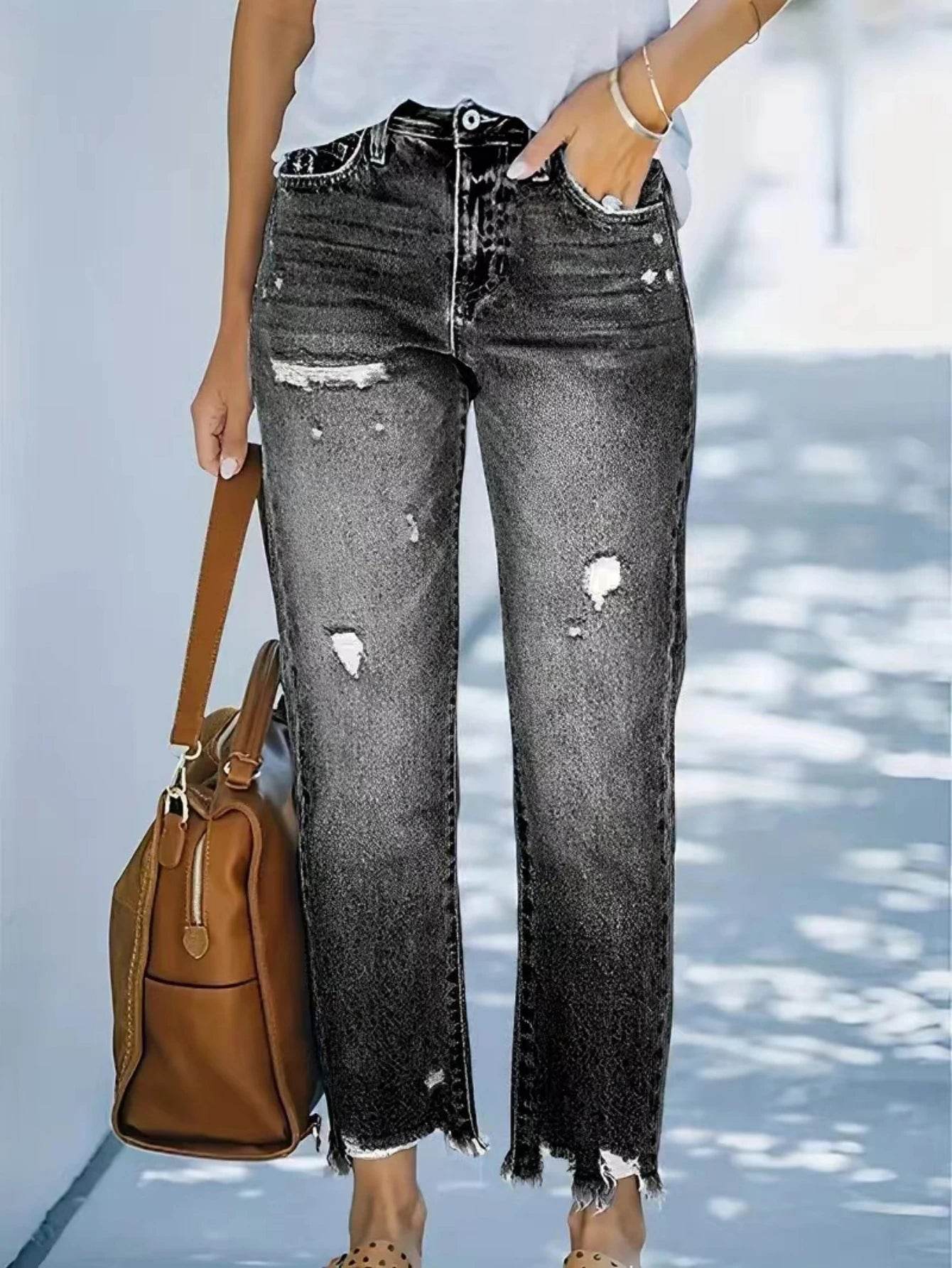 Women's Mid-Waist Straight Ripped Jeans - Casual Ankle-Length Style - Buy Center US
