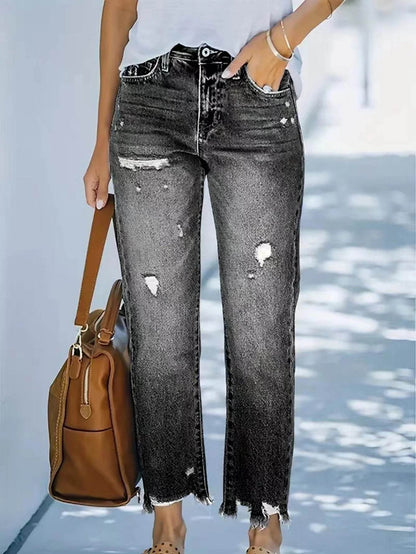 Women's Mid-Waist Straight Ripped Jeans - Casual Ankle-Length Style - Buy Center US