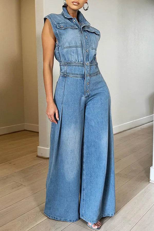 Kalenmos Women's Summer Denim Jumpsuit - High Waist, Wide Leg Style - Buy Center US