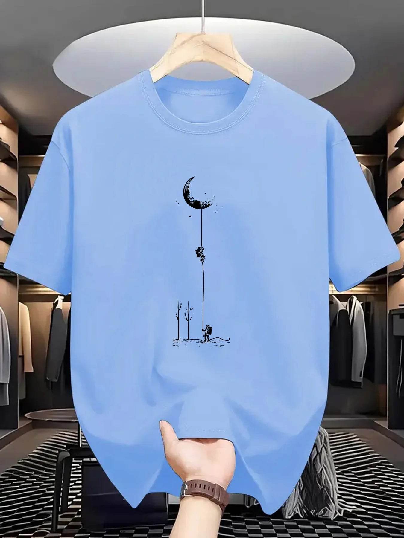 GUILAN Men's 100% Cotton Casual T-Shirt - Plus Size Moon Landing Print - Buy Center US