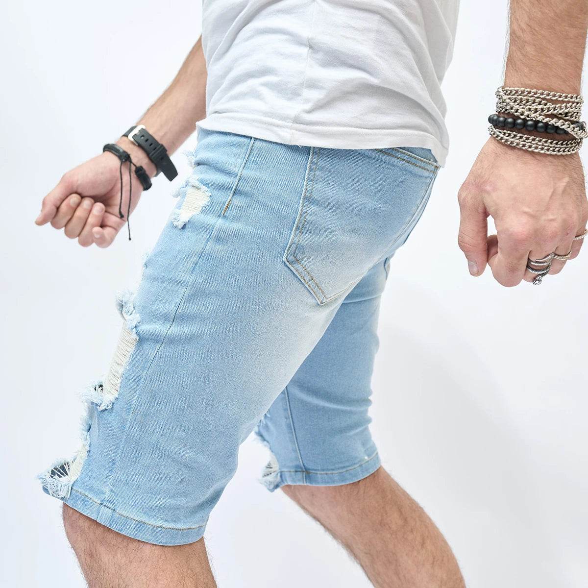 AHUDNU Men's Summer Ripped Denim Shorts - Slim Fit Light Blue Style - Buy Center US