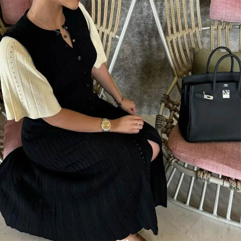 Chic Women’s V-Neck Long Dress - Slim Fit, Patchwork Puff Sleeve - Buy Center US