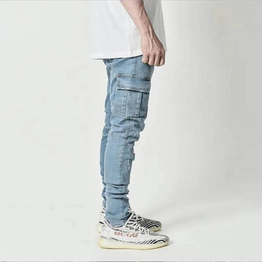 Slim Fit Men's Denim Cargo Pants - Multi Pocket Casual Trousers - Buy Center US