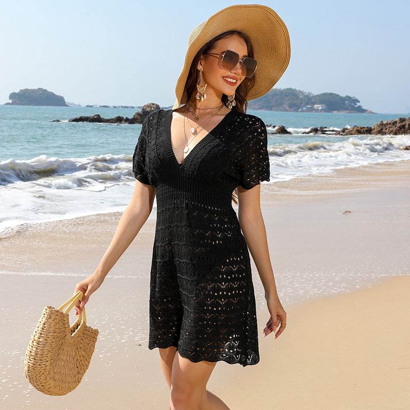 Ripple Hollow Out Dress - Deep V Neck, Elastic Polyester Fabric - Buy Center US