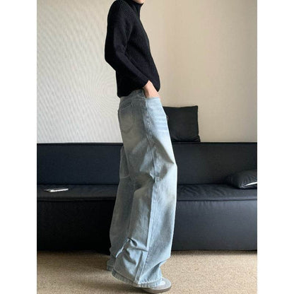 Men's Retro Washed Loose Straight Wide-leg Jeans - Mid Waist Denim - Buy Center US