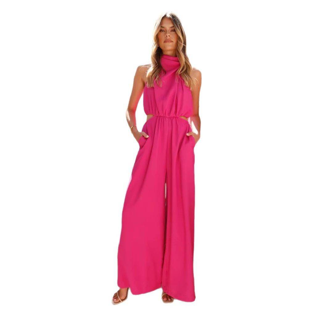 Pure Color Halter Lace-Up Wide-Leg Pants - Loose Fit Jumpsuit for Summer - Buy Center US