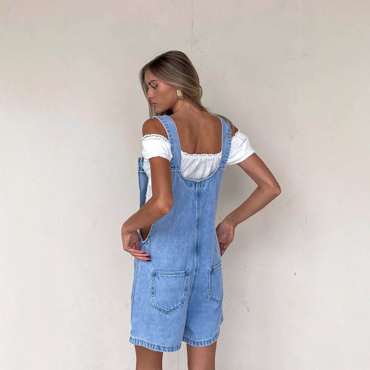 Women's Slim Straight Suspender Trousers - Denim Blue One-Piece Style - Buy Center US