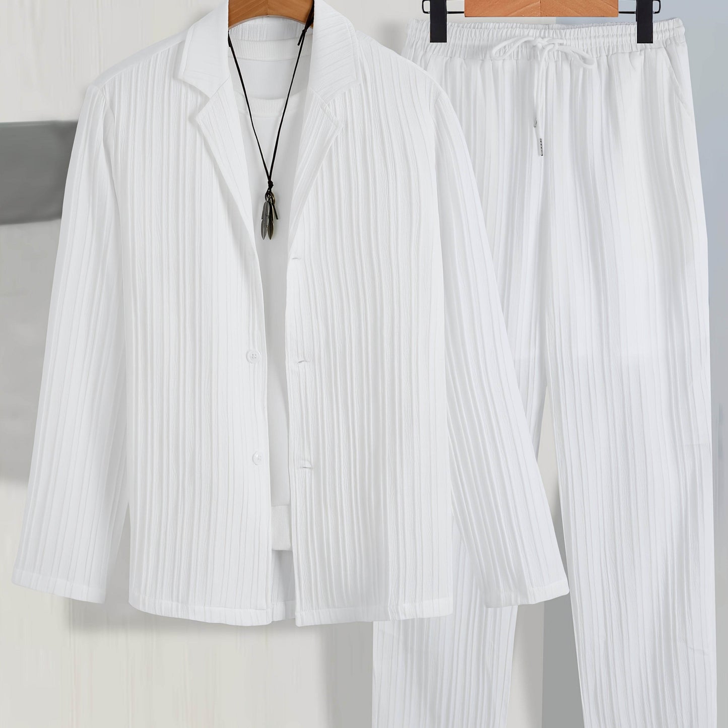 Men's Casual Suit Set - Long Sleeve Shirt & Drawstring Trousers - Buy Center US
