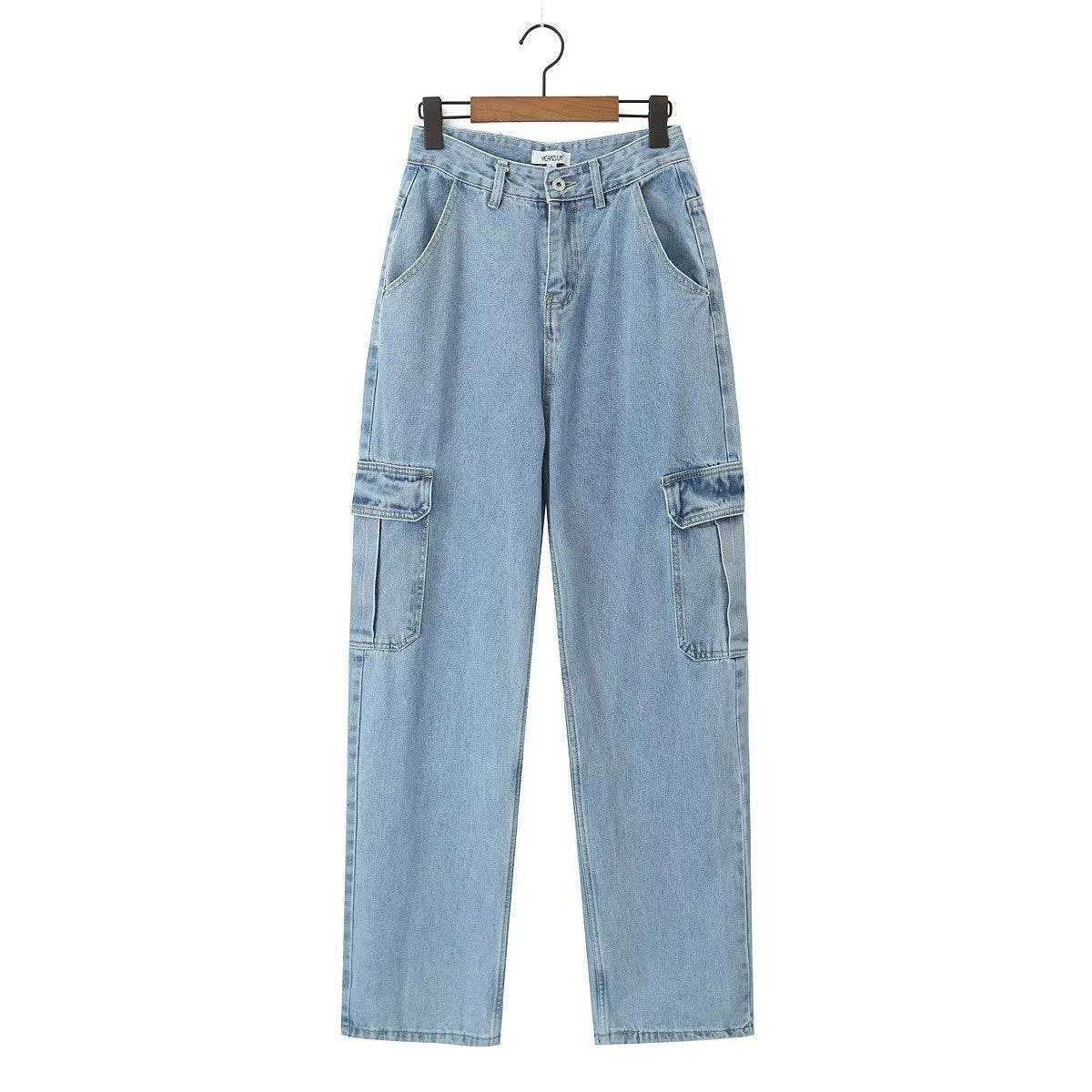 High Waist Loose Boyfriend Style Cargo Jeans - Denim Blue Trousers - Buy Center US