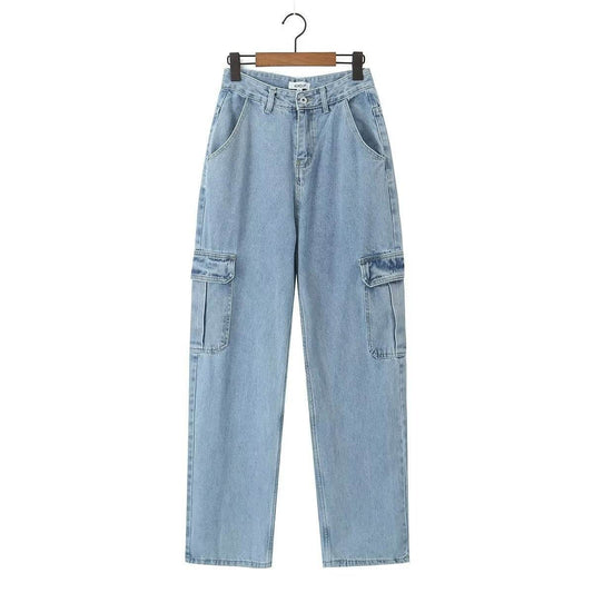 High Waist Loose Boyfriend Style Cargo Jeans - Denim Blue Trousers - Buy Center US