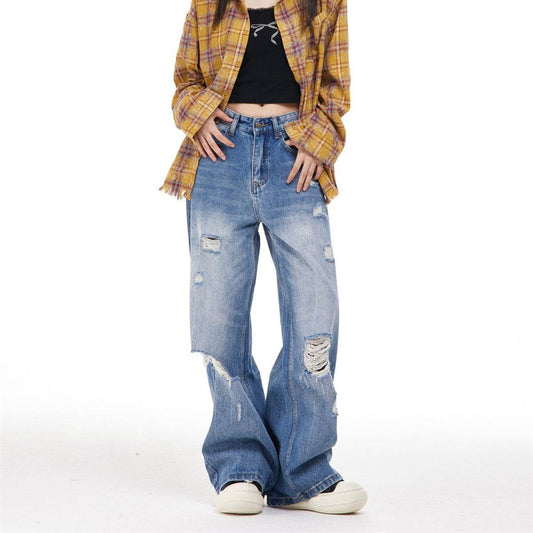 Women's Ripped Washed Blue Jeans - Micro-Elastic, Straight-Leg Style - Buy Center US