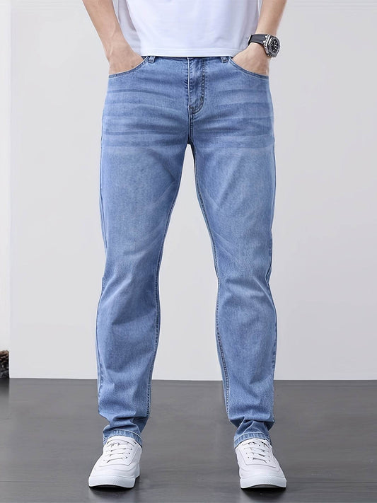Men's Classic Blue Jeans - Lightweight Stretch Denim, Slim Fit Design - Buy Center US