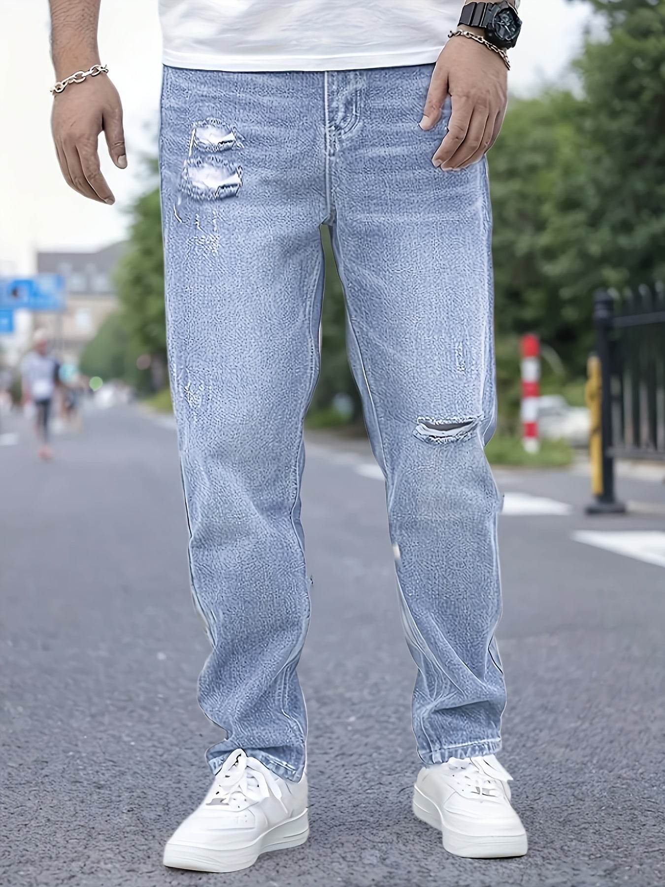 Men's Distressed Blue Jeans - Casual Loose Fit for All-Season Wear - Buy Center US