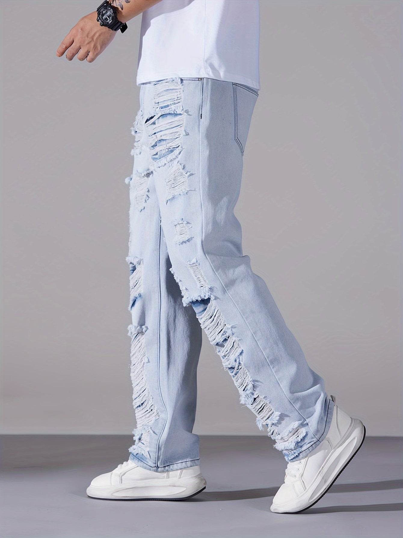 Men's Casual Distressed Denim Jeans - Solid Color, Regular Fit, Ripped Details - Buy Center US