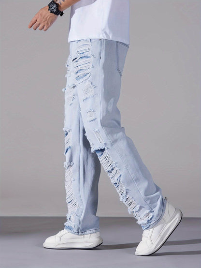 Men's Casual Distressed Denim Jeans - Solid Color, Regular Fit, Ripped Details - Buy Center US