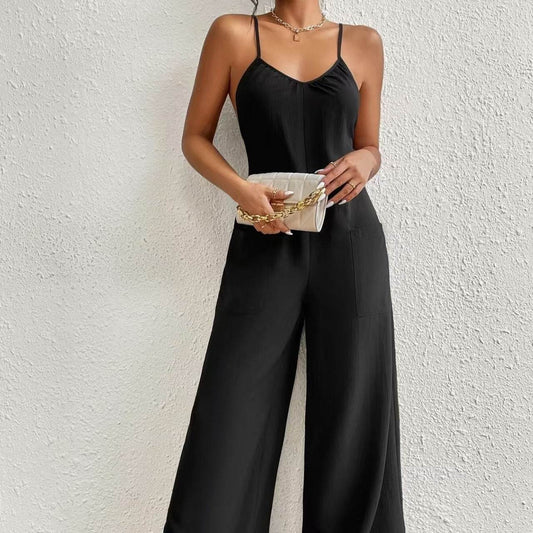 Ladies' Backless Wide Leg Jumpsuit - Casual Lightweight Summer Style - Buy Center US