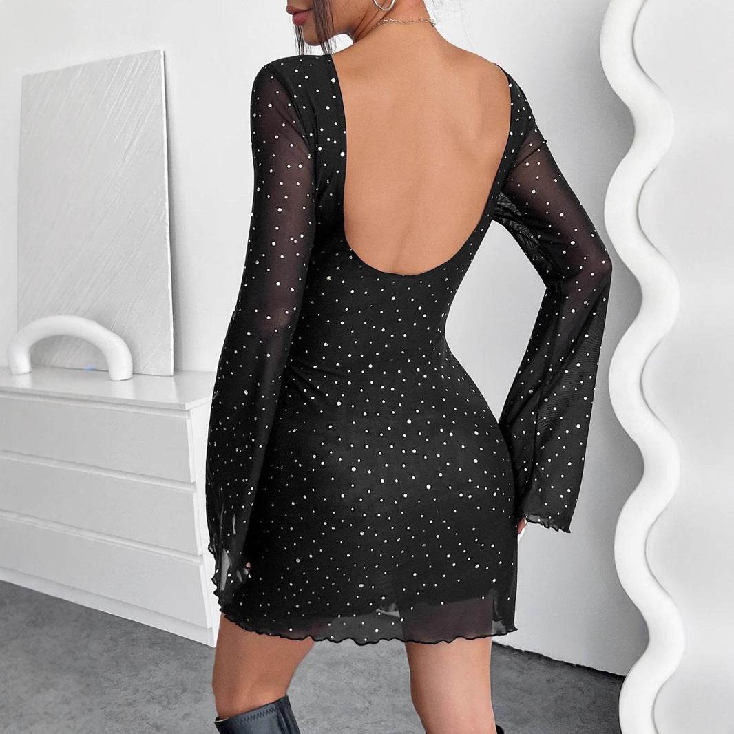Elegant Black Mesh Sequins Backless Dress - Slim Fit, Long Sleeve Style - Buy Center US