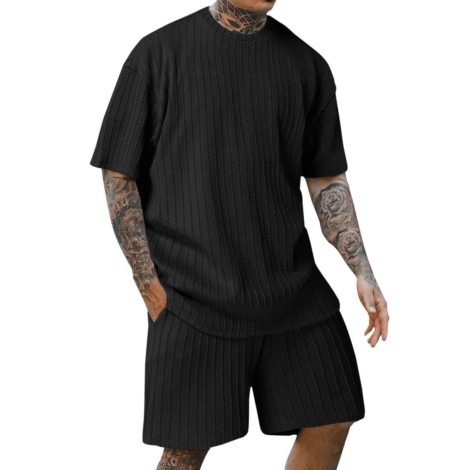 Buycenter Men's Sports Two-Piece Set - Solid Color Round Neck Shorts - Buy Center US